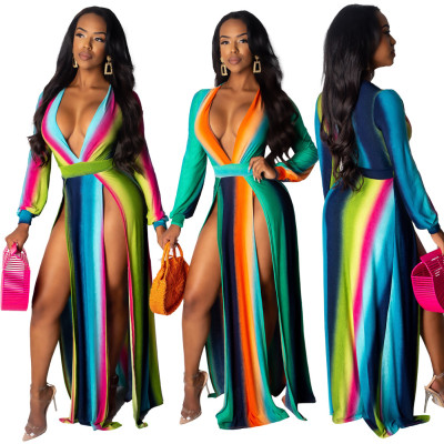 Gradient Color High Split Deep V Neck Long Dress X9165