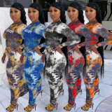 Fashion Tie Dye Letter Printed Round Neck Long Sleeves Mini Top With Pleated Trousers Two Piece Set
