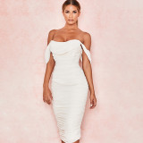 Sexy solid color mesh one-shoulder chest pleated dress D8356G