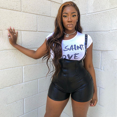 Women's casual waist hip-lifting PU leather overalls A20137R