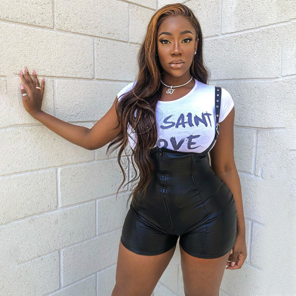 Women's casual waist hip-lifting PU leather overalls A20137R