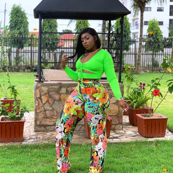 Solid color top printed pants tights sexy two-piece suit large size suit OSS20638
