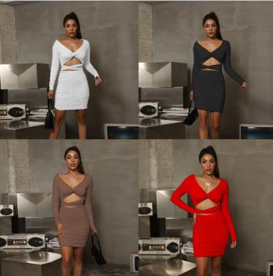 Sexy V-neck hollow dress bag hip skirt pleated Womens clothing ZY1559