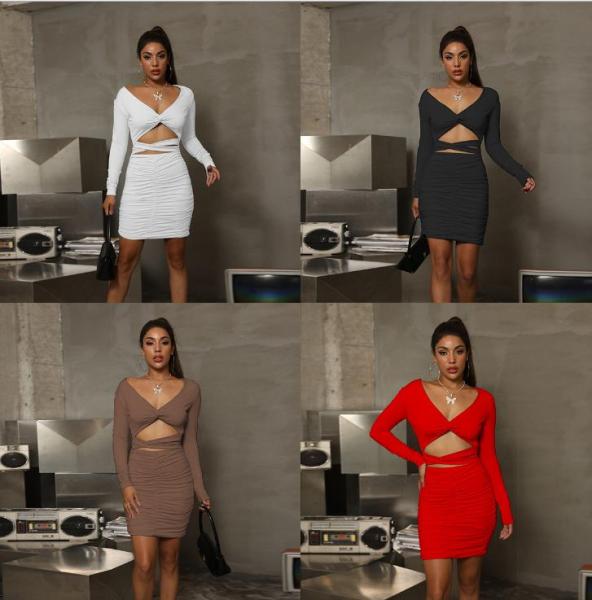 Sexy V-neck hollow dress bag hip skirt pleated Womens clothing ZY1559