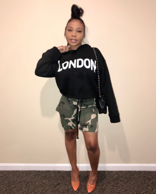 Letter Print Black Hoodie Tops ML7150
