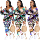 Fashion Leopard Pattern Stitching V-Neck Long Sleeves Crop Top With Pants Two Piece Set JCH7023