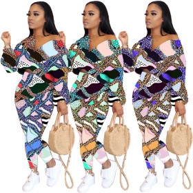Fashion Leopard Pattern Stitching V-Neck Long Sleeves Crop Top With Pants Two Piece Set JCH7023