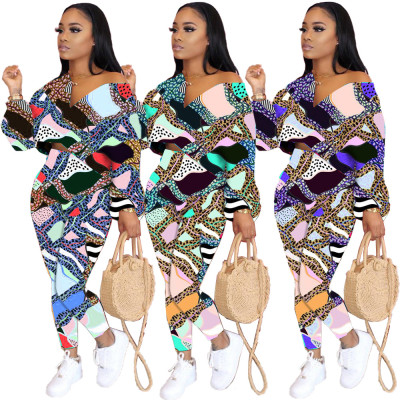 Fashion Leopard Pattern Stitching V-Neck Long Sleeves Crop Top With Pants Two Piece Set JCH7023