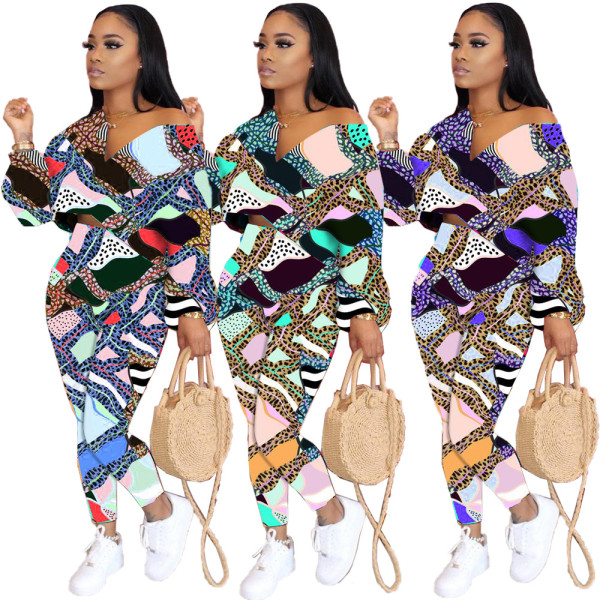 Fashion Leopard Pattern Stitching V-Neck Long Sleeves Crop Top With Pants Two Piece Set JCH7023