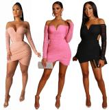 Long Sleeve Slim Fit Hip Elastic Dress Single Neck Sexy Nightclub Dress FM1210