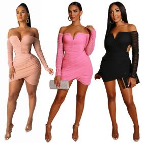 Long Sleeve Slim Fit Hip Elastic Dress Single Neck Sexy Nightclub Dress FM1210