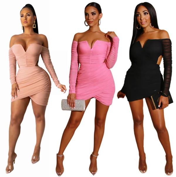 Long Sleeve Slim Fit Hip Elastic Dress Single Neck Sexy Nightclub Dress FM1210