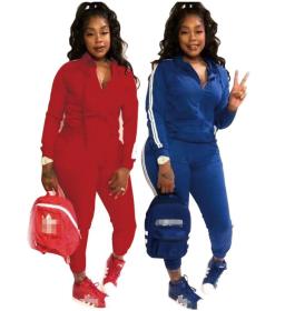 Classic side stripe sports casual slim suit with hood zipper two-piece MA6084