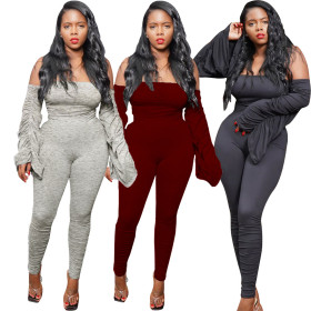 Sexy Solid Color Off Shoulder Long Sleeves Pleated Bodycon jumpsuit YT3238