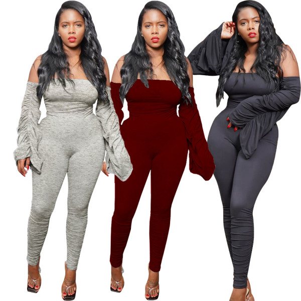 Sexy Solid Color Off Shoulder Long Sleeves Pleated Bodycon jumpsuit YT3238