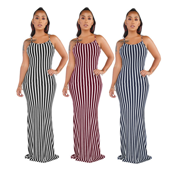 Trendy Slim 3 Colors Stripe Condole Belt Maxi Dress SMR9293