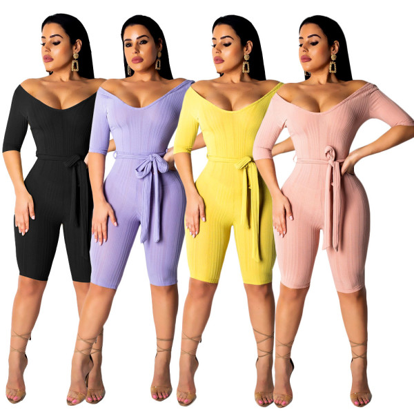 Slim Bodycon V Collar Short Jumpsuit For Wholesale SN3519