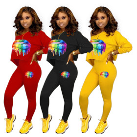 Newest Lip Printing Outfits Oblique Shoulder Top Tight Leggings AA5100