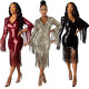 Lapel Collar Solid Sequin Fringed Long-Sleeved Club Slim Dress QZ5254