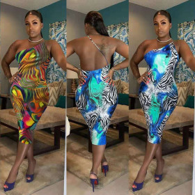 Factory Price Backless Oblique Shoulder Print Midi Dress HHM6147