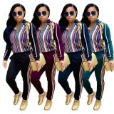 Fashion Outfits Striped Print Hooded Sweater Elastic Waist Pants X9099