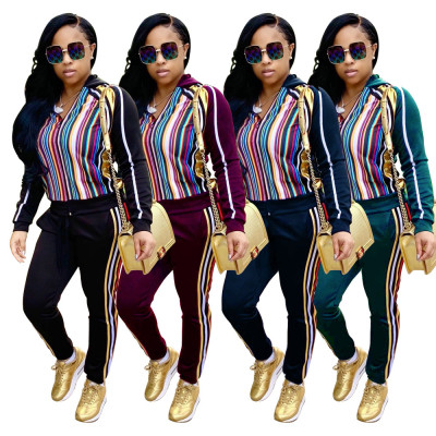 Fashion Outfits Striped Print Hooded Sweater Elastic Waist Pants X9099