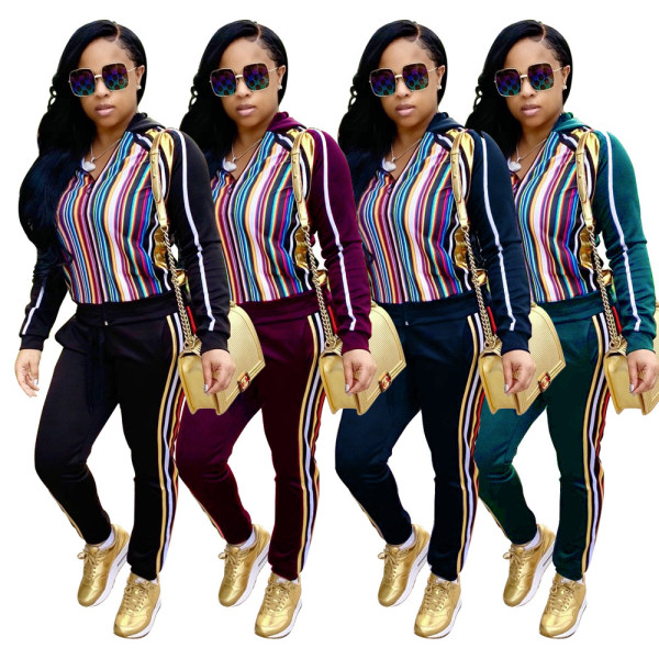 Fashion Outfits Striped Print Hooded Sweater Elastic Waist Pants X9099