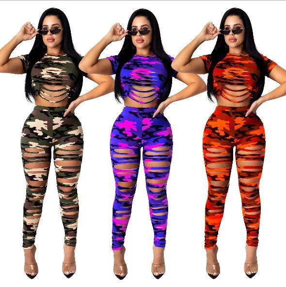 Womens sexy ripped camouflage casual two-piece suit ZSC0308