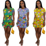 Ladies anime print T-shirt high waist pleated short skirt two-piece suit LML098