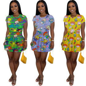 Ladies anime print T-shirt high waist pleated short skirt two-piece suit LML098