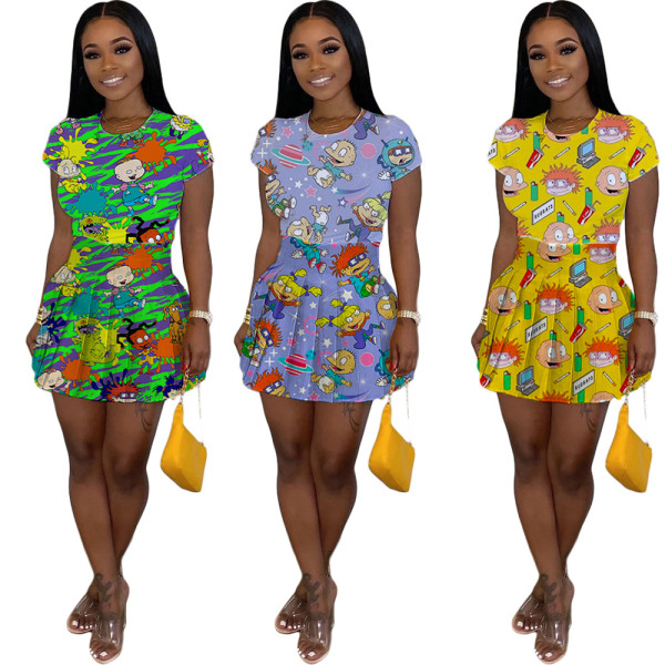 Ladies anime print T-shirt high waist pleated short skirt two-piece suit LML098