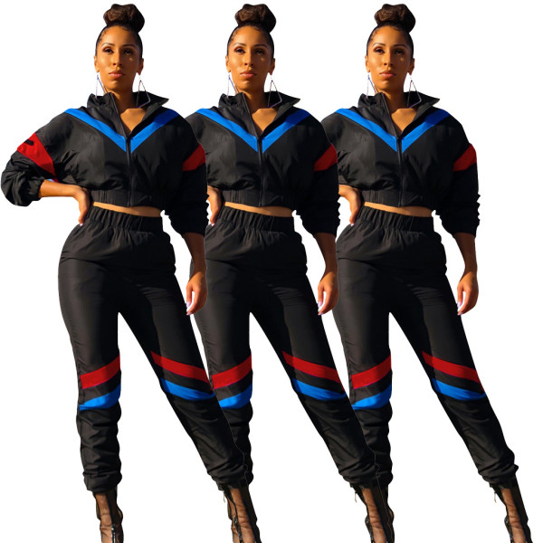 Sport Color Patchwork Suits Long Sleeve Coat Tight Pants R6109
