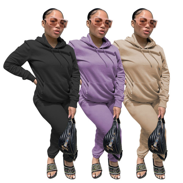 Autumn Solid Color Long Sleeves Hooded Sweater With Trousers Two Piece Set Q680