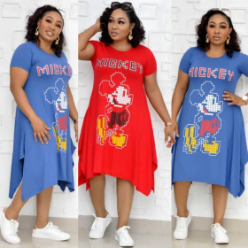 Fat mother cartoon print irregular commuter large size dress AM376