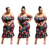 Trendy Plus Size Rose Printing Flat Shoulder Ruffle Dress DM013