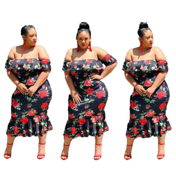 Trendy Plus Size Rose Printing Flat Shoulder Ruffle Dress DM013