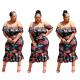 Trendy Plus Size Rose Printing Flat Shoulder Ruffle Dress DM013
