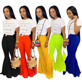 Fashion Solid Color Women Mid Waist Flared Pants D8273