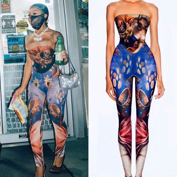 Autumn Women's Fashion Sexy Wrapped Chest Printed Skinny Jumpsuit P1738197