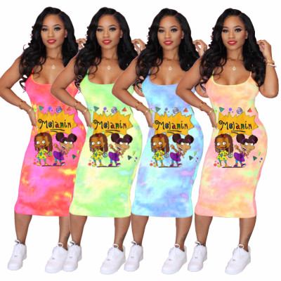 Trend tie-dye cartoon suspender skirt BN7063