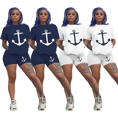 Two-piece fashion casual solid color anchor printed short sleeve shorts SDD9243