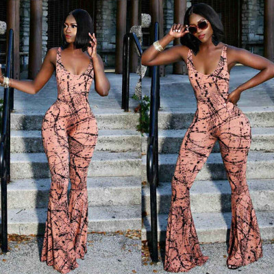 Sexy Signature Printed Back Sling Wide Leg Jumpsuit CY8257