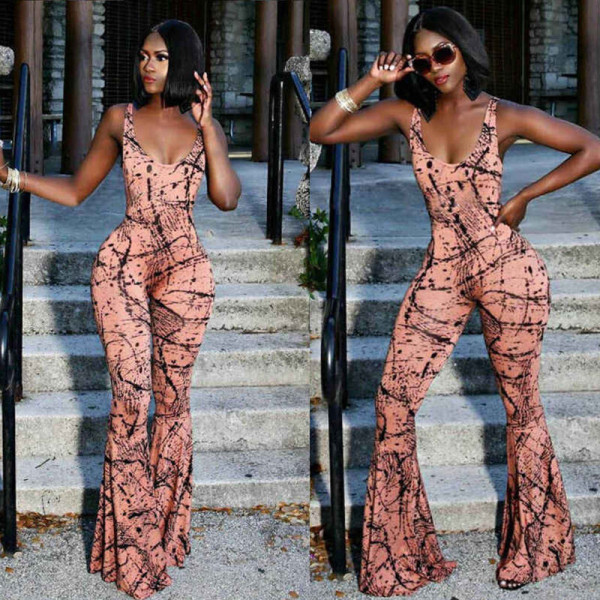 Sexy Signature Printed Back Sling Wide Leg Jumpsuit CY8257