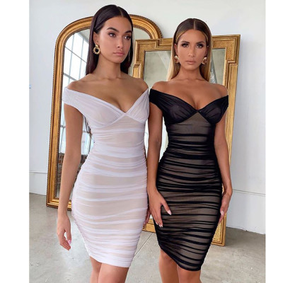 Sexy solid color mesh perspective deep V pleated dress D8931J