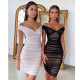 Sexy solid color mesh perspective deep V pleated dress D8931J