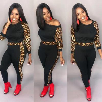 Leopard Printing Patchwork Lady Sets 3/4 Sleeves T-Shirt Tight Pants HH8894