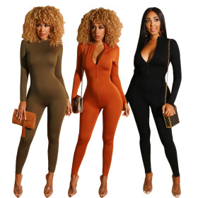 New Design Pure Color Zip Up Skinny Jumpsuit For Women BS1130