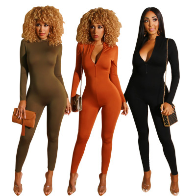 New Design Pure Color Zip Up Skinny Jumpsuit For Women BS1130