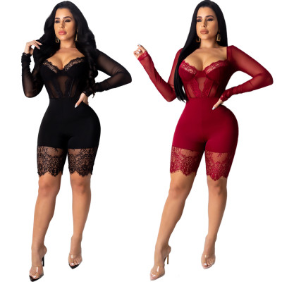 Mature Women Plain Color Slim Lace Sexy Short Jumpsuit QZ5261