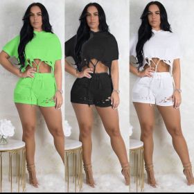 New Arrival Solid Color Hollow Out Hooded Shorts Suits YX9112